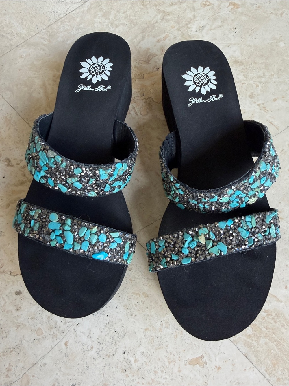 Yellow Box Santana Black Slide Sandals with Turquoise Beaded Straps